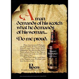 1970 Seagram's 100 Pipers Scotch Whisky Vintage Print Ad Scroll Paper Wall Art